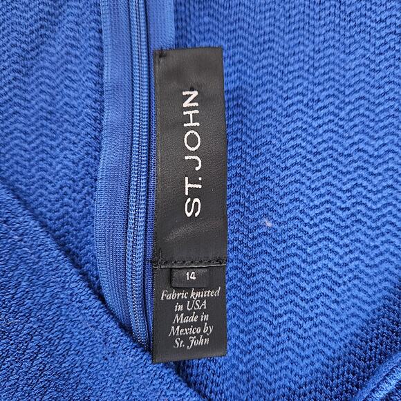 St. John Royal Blue Sheath Dress Size 14 Wool Blend Faux Wrap Cap Sleeves Mature - Picture 4 of 8